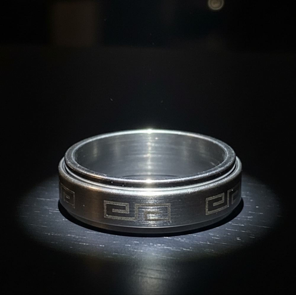 Stainless Steel Geometric Greek Key Spinner Ring Tactile Fidget Ring